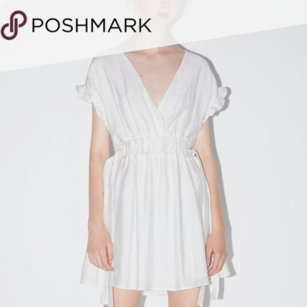 Zara V Neck Side Tie Ruffle Mini Dress White XS